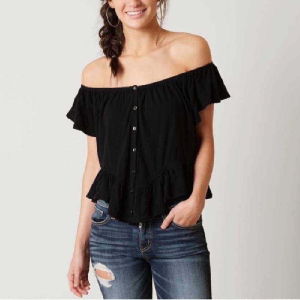 We The Free Black Off Shoulder Mint Julep Button Front Top Size XS